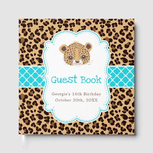 Leopard Print Blue Quatrefoil Birthday Party ゲストブック (正面)