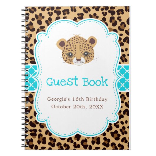 Leopard Print Blue Quatrefoil Birthday Party ノートブック (正面)