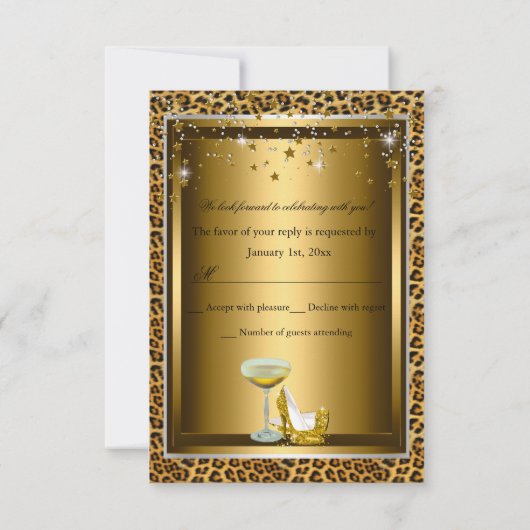 Leopard Print & Bow 50と素晴らしいRSVP金ゴールド 出欠カード (裏面)