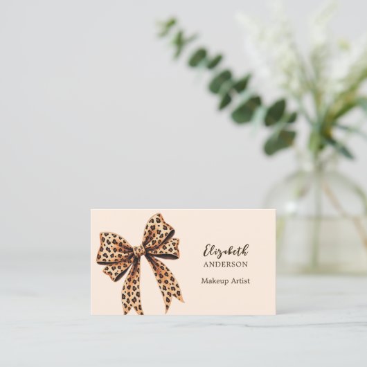 Leopard print bow peach qrコードSNS写真 名刺 (スタンド正面)