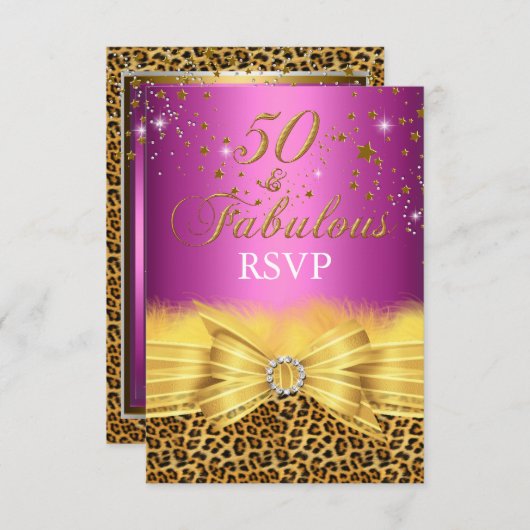 Leopard Print & Bow Pink 50と素晴らしいRSVP 招待状 (正面/裏面)