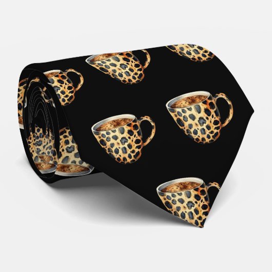 Leopard Print Coffee Cup Neck Tie ネクタイ (ロール)
