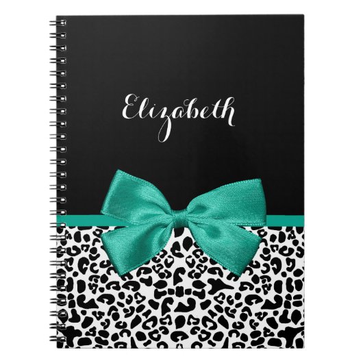 Leopard Print Emerald Green Ribbon Bow Chic Name（L ノートブック (正面)