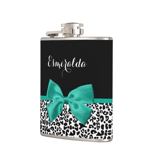 Leopard Print Emerald Green Ribbon Bow Chic Name（L フラスク (左)