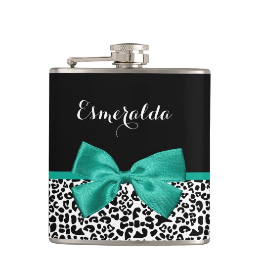 Leopard Print Emerald Green Ribbon Bow Chic Name（L フラスク (正面)