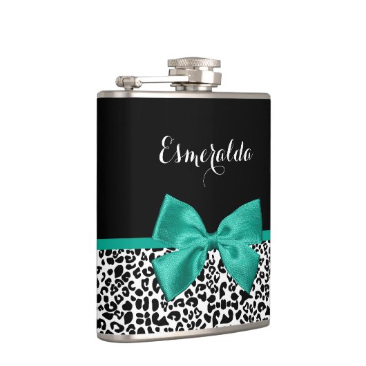 Leopard Print Emerald Green Ribbon Bow Chic Name（L フラスク (右)
