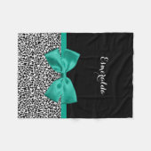 Leopard Print Emerald Green Ribbon Bow Chic Name（L フリースブランケット (正面(横))