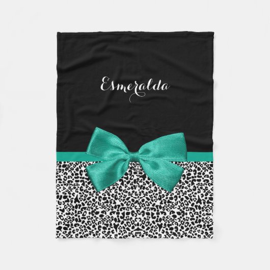 Leopard Print Emerald Green Ribbon Bow Chic Name（L フリースブランケット (正面)