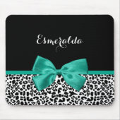 Leopard Print Emerald Green Ribbon Bow Chic Name（L マウスパッド (正面)