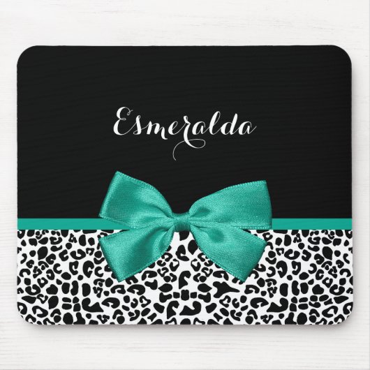 Leopard Print Emerald Green Ribbon Bow Chic Name（L マウスパッド (正面)
