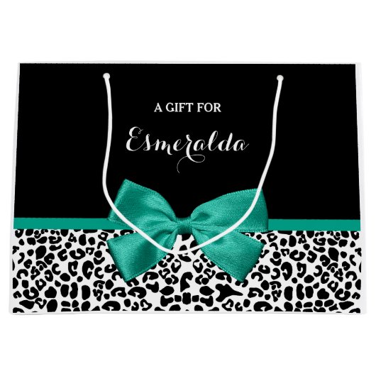 Leopard Print Emerald Green Ribbon Bow Chic Name(L ラージペーパーバッグ (正面)