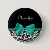 Leopard Print Emerald Green Ribbon Bow Chic Name（L 缶バッジ (正面)