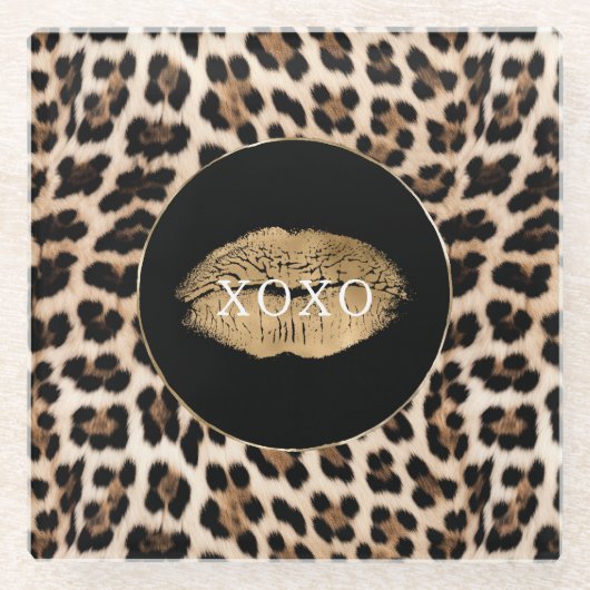 Leopard Print Gold Lips XOXO ガラスコースター (正面)