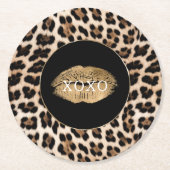 Leopard Print Gold Lips XOXO ラウンドペーパーコースター (正面)