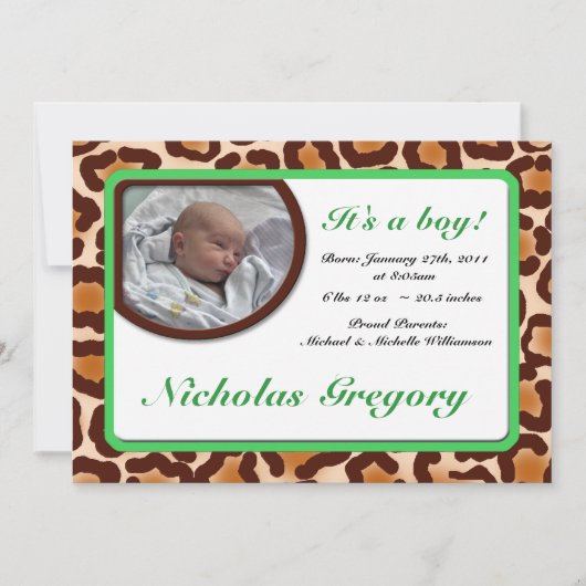 Leopard Print Green Birth Announcements 案内状 (正面)