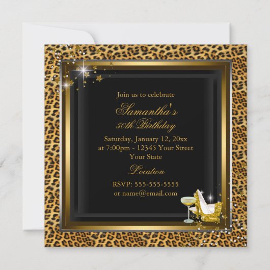 Leopard Print & Heel金ゴールド50と素晴らしい誕生日 招待状 (裏面)