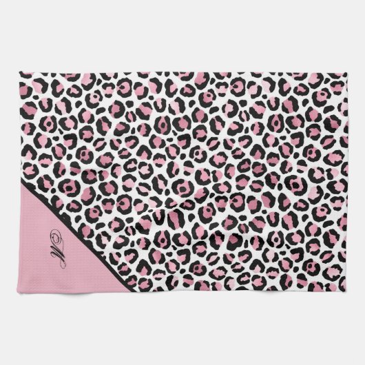 Leopard Print in Pink White & Black with Monogram キッチンタオル (横)