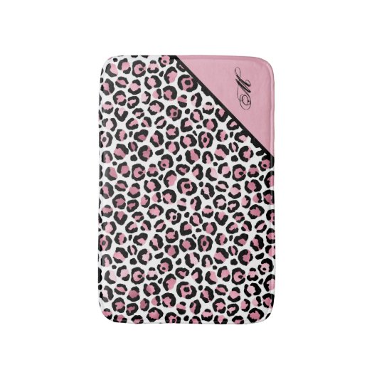 Leopard Print in Pink White & Black with Monogram バスマット (正面縦)