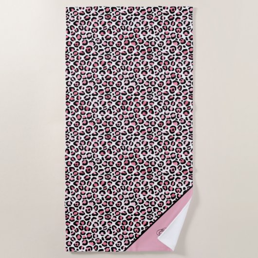 Leopard Print in Pink White & Black with Monogram ビーチタオル (正面)