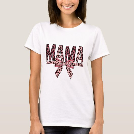 Leopard Print Mama Design – Cute Bow Mom Life Art Tシャツ (正面)