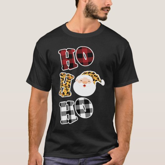 Leopard Print Pattern Ho Ho Ho Buffalo Plaid Chris Tシャツ (正面)