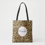 Leopard Print Pattern in金ゴールドとBlack Monogram トートバッグ (正面)