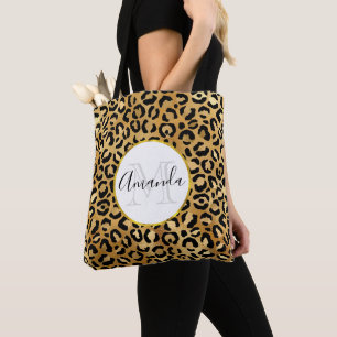 Leopard Print Pattern in金ゴールドとBlack Monogram トートバッグ