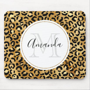Leopard Print Pattern in金ゴールドとBlack Monogram マウスパッド