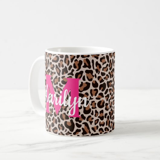 Leopard Print Personalize Nameホットピンクコーヒーマグ コーヒーマグカップ (正面左)