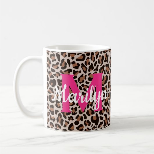 Leopard Print Personalize Nameホットピンクコーヒーマグ コーヒーマグカップ (左)