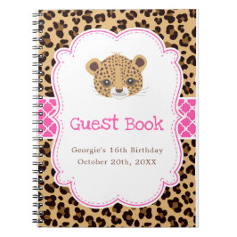 Leopard Print Pink Quatrefoil Birthday Guest Book ノートブック