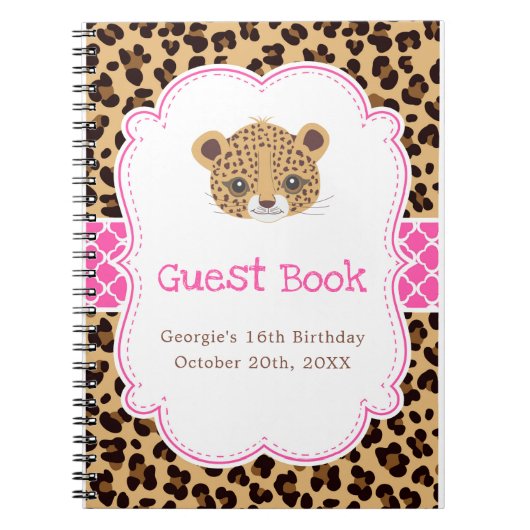Leopard Print Pink Quatrefoil Birthday Guest Book ノートブック (正面)