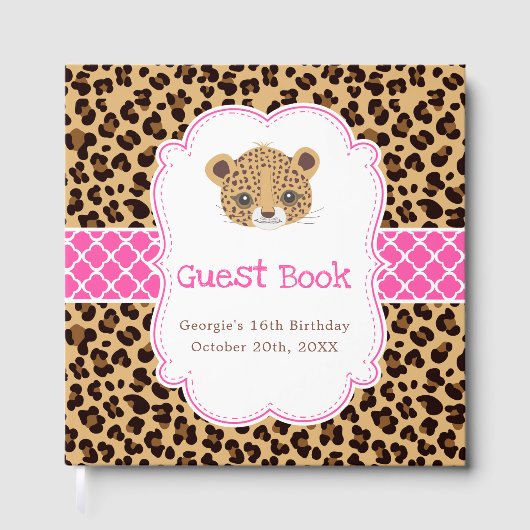 Leopard Print Pink Quatrefoil Birthday Party ゲストブック (正面)