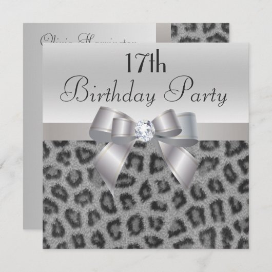 Leopard Print、Printed Bow & Diamond 17誕生日 招待状 (正面/裏面)