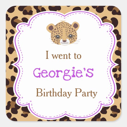 Leopard Print Purpleクローバー'I went' スクエアシール (正面)