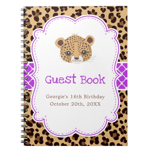 Leopard Print Purple Quatrefoil Birthda Guest  ノートブック (正面)