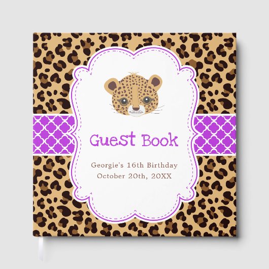 Leopard Print Purple Quatrefoil Birthday Party ゲストブック (正面)