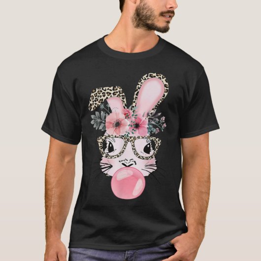 Leopard Print Rabbit Bunny Blowing Bubble Gum East Tシャツ (正面)