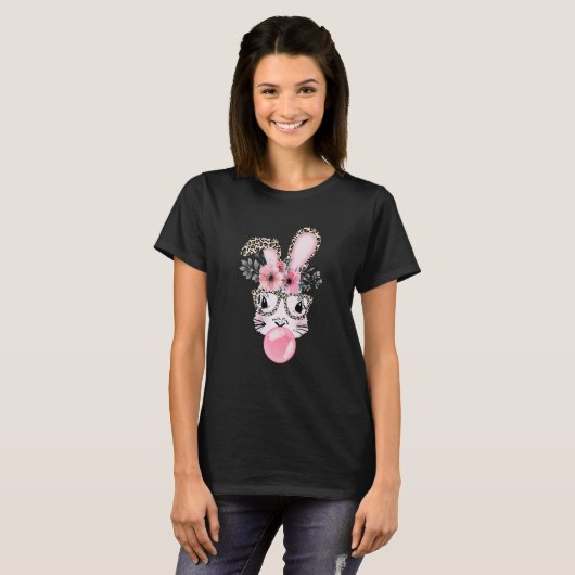 Leopard Print Rabbit Bunny Blowing Bubble Gum East Tシャツ (正面フル)