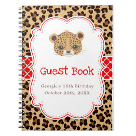 Leopard Print Red Quatrefoil Birthday Guest Book ノートブック