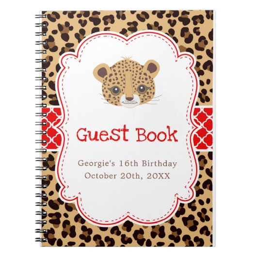 Leopard Print Red Quatrefoil Birthday Guest Book ノートブック (正面)