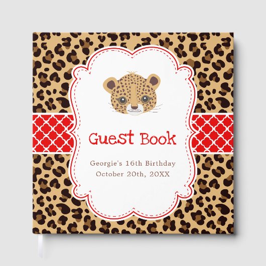 Leopard Print Red Quatrefoil Birthday Party ゲストブック (正面)