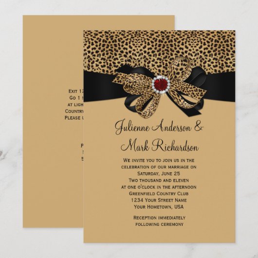 Leopard Print Ruby Diamondsフェイクリボン結婚ズ 招待状 (正面/裏面)