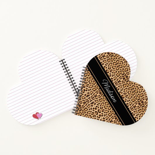 Leopard Print Script Monogram Nameハート型 ノートブック (内部)