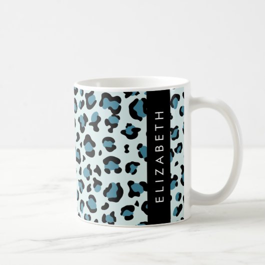 Leopard Print, Spots, Blue Leopard，あなたの名前 コーヒーマグカップ (右)