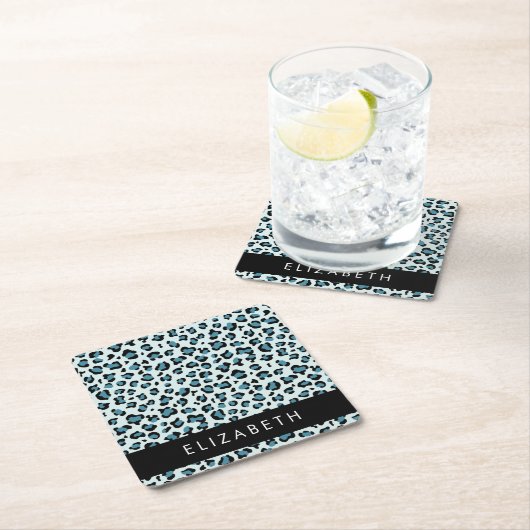 Leopard Print, Spots, Blue Leopard,あなたの名前 スクエアペーパーコースター (インサイチュ)