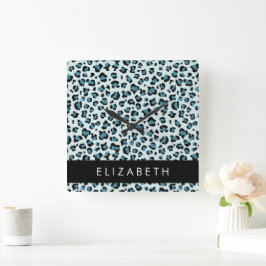 Leopard Print, Spots, Blue Leopard，あなたの名前 スクエア壁時計