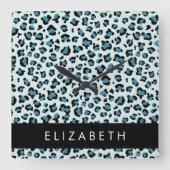 Leopard Print, Spots, Blue Leopard，あなたの名前 スクエア壁時計 (正面)