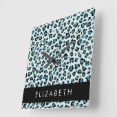 Leopard Print, Spots, Blue Leopard，あなたの名前 スクエア壁時計 (傾斜)