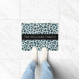 Leopard Print, Spots, Blue Leopard，あなたの名前 ドアマット
